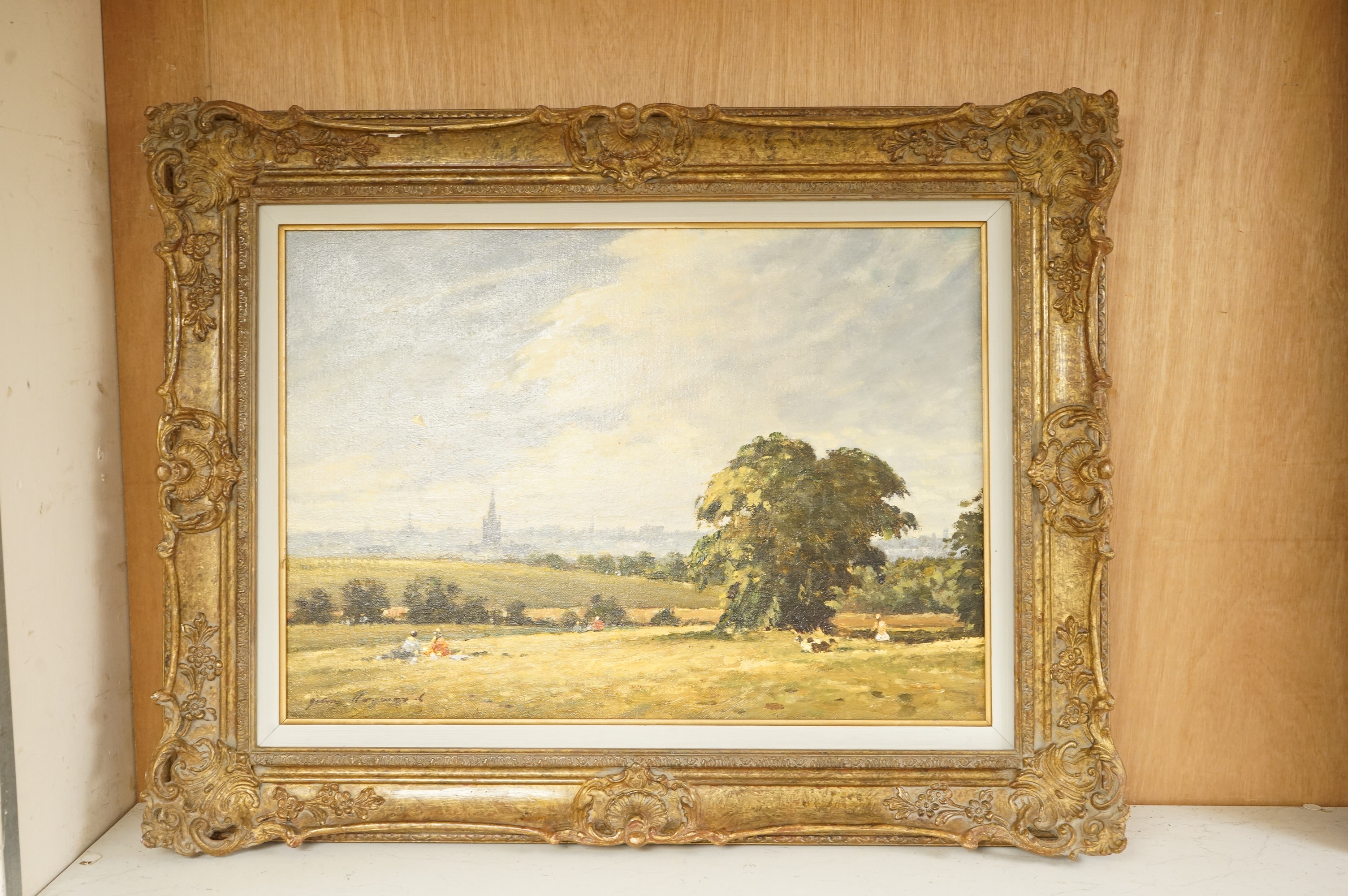 John Horwood (1934-1994), 'View of Hampstead Heath', signed, oil on canvas, details verso, 37 x 52cm, ornate gilt frame
